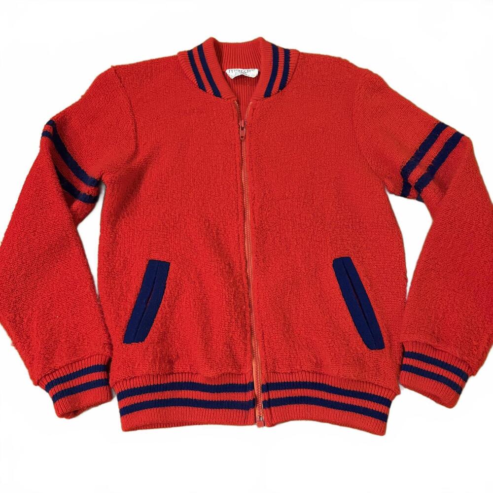 Mardi Vintage 60s Red Navy Zip-Up Knit Bomber Jacket Size M Sporty Old Tomato